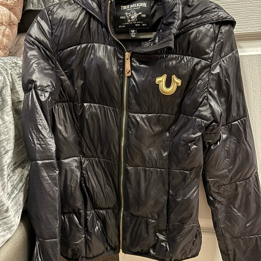 True Religion Shiny Black Puffer Jacket with Gold Accent